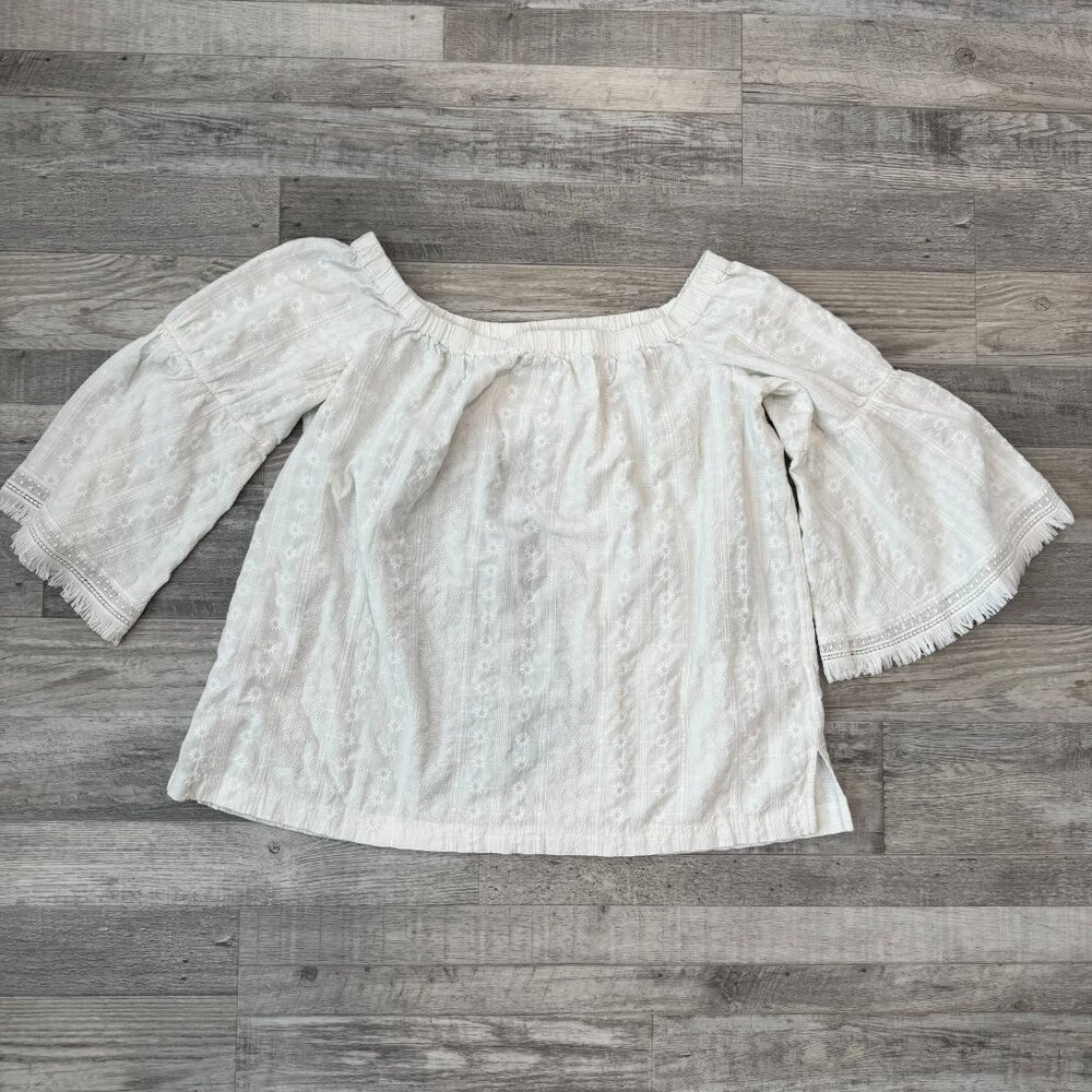 Ann Taylor Loft white embroidered eyelet off shoulder blouse bell sleeve XL C13